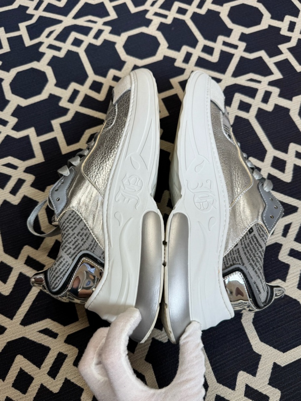 John Galliano Newspaper Chunky Sneakers White Silver Metallic Leather Size 41/10 - Picture 10 of 13